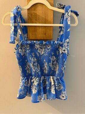 Flying Tomato Blue Floral Smocked Tie-Shoulder Peplum Camisole, NWT